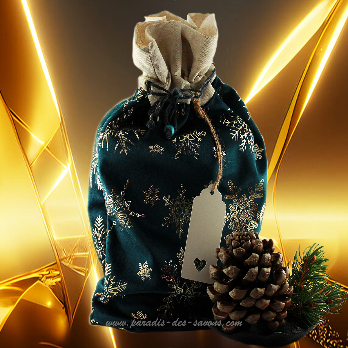 Sac cadeau tissu Noël en velours bleu marine. Luxe festif du présent. -  Paradis des savons